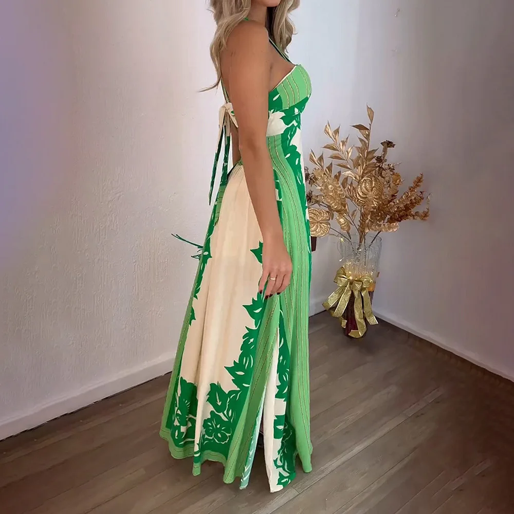 Summer New Neck Sexy Look Color Matching Fashion Vacation Beach Long Dress Women's Clothing