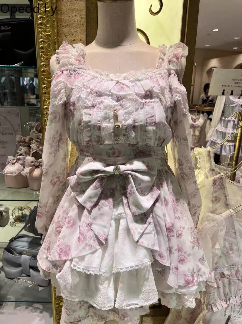 

Liz New Japanese Girl Sweet Ruffle Lace Dress Two-piece Set Mass-produced Rose Print Off-the-shoulder Dress Short Skirt Set