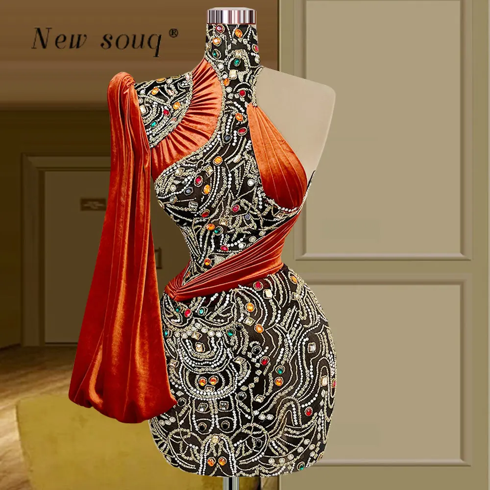 Fashion Short One Shoulder Orange Evening Dresses Features Full Rhinestons High Collar Single Long Sleeve Dance Party Gowns