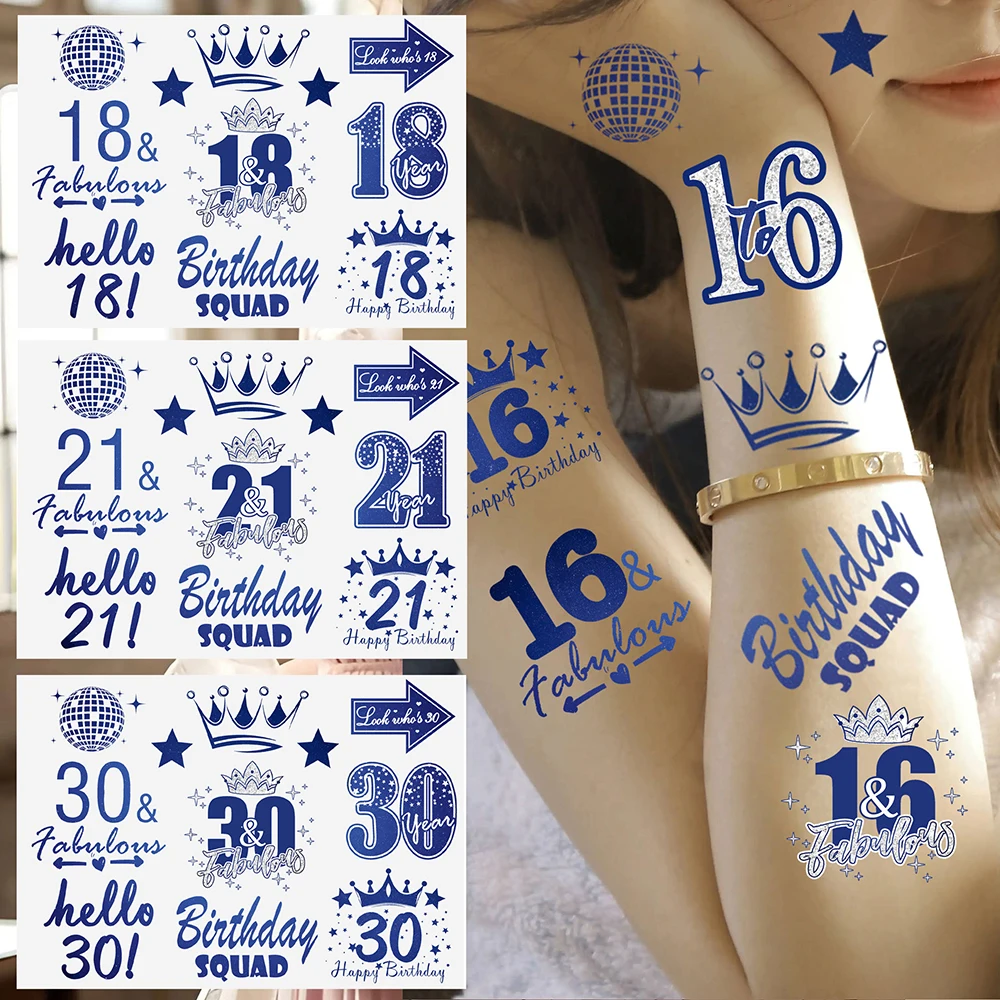 Blue Birthday Tattoo Stickers for 30th 40th 50th Birthday Party Number Sticker Face Arm Body Art Fake Temporary Tattoo Stickers