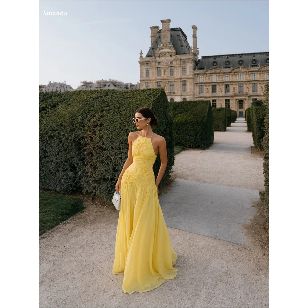 

Amanda Customized Yellow Halter Neck 3D Flower Prom Dress Sleeveless A-line vestidos de noche Floor-Length Formal Evening 2025