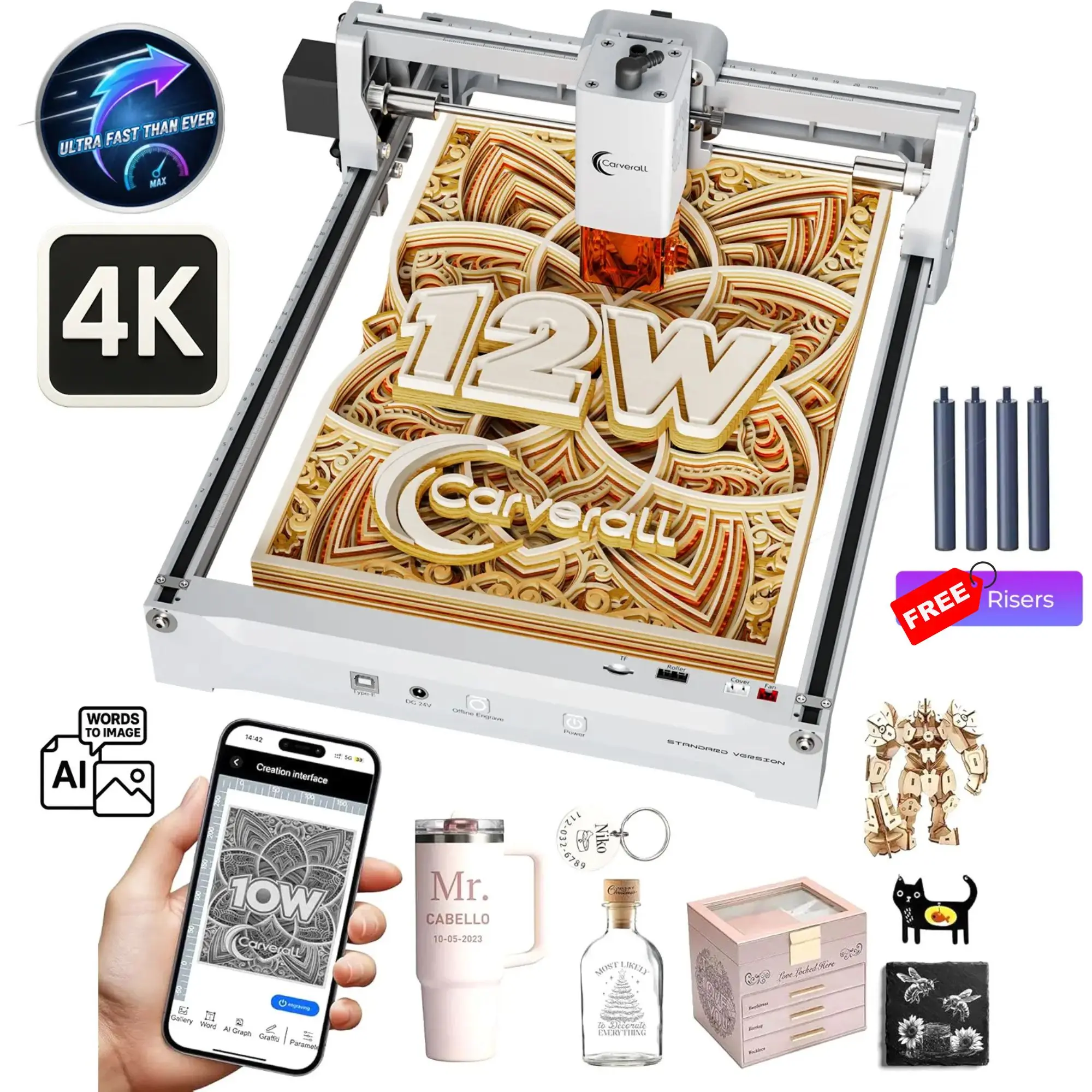 Carverall K15Pro 7W 12W CNC Lasergraveermachine, Laser Cutter en Graveermachine voor Hout Acryl, Ondersteunt Lightburn APP 300x200mm