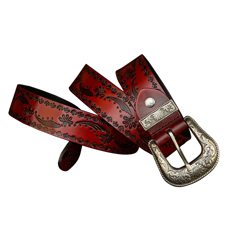 3.8CM Vintage Pin Buckle with Flower Grass Pattern Genuine Leather Belt for Men High Quality Work of Art Strap High Quality