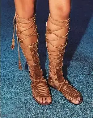 New 2017 Women Flat Gladiator Knee High Boots Suede Leather High Quality Sandal Boots Lace Up Sexy Summer Bohemia Ladies Boots