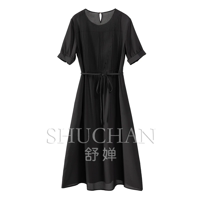 

100% Natural Silk Crepe De Chine Black Dress Vestidos De Mujer Elegantes Para Fiesta 2024 Short Sleeve