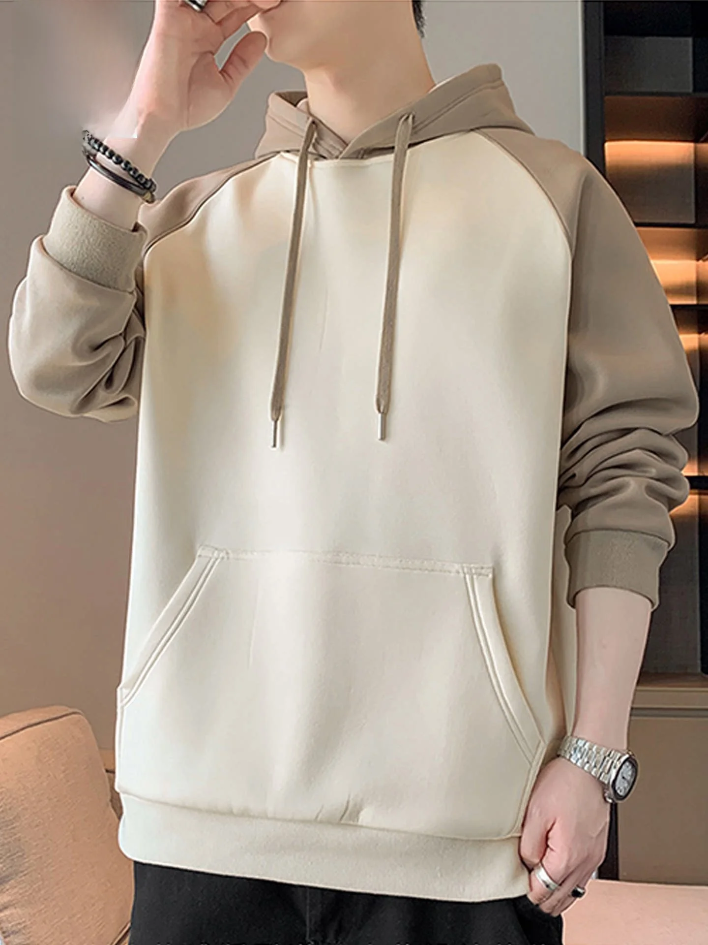

Nainilu Spring 2026 Men's Oversized Casual Hoodie Color Block Trendy Polyester Fabric Breathable Long Sleeve Sweatshirt