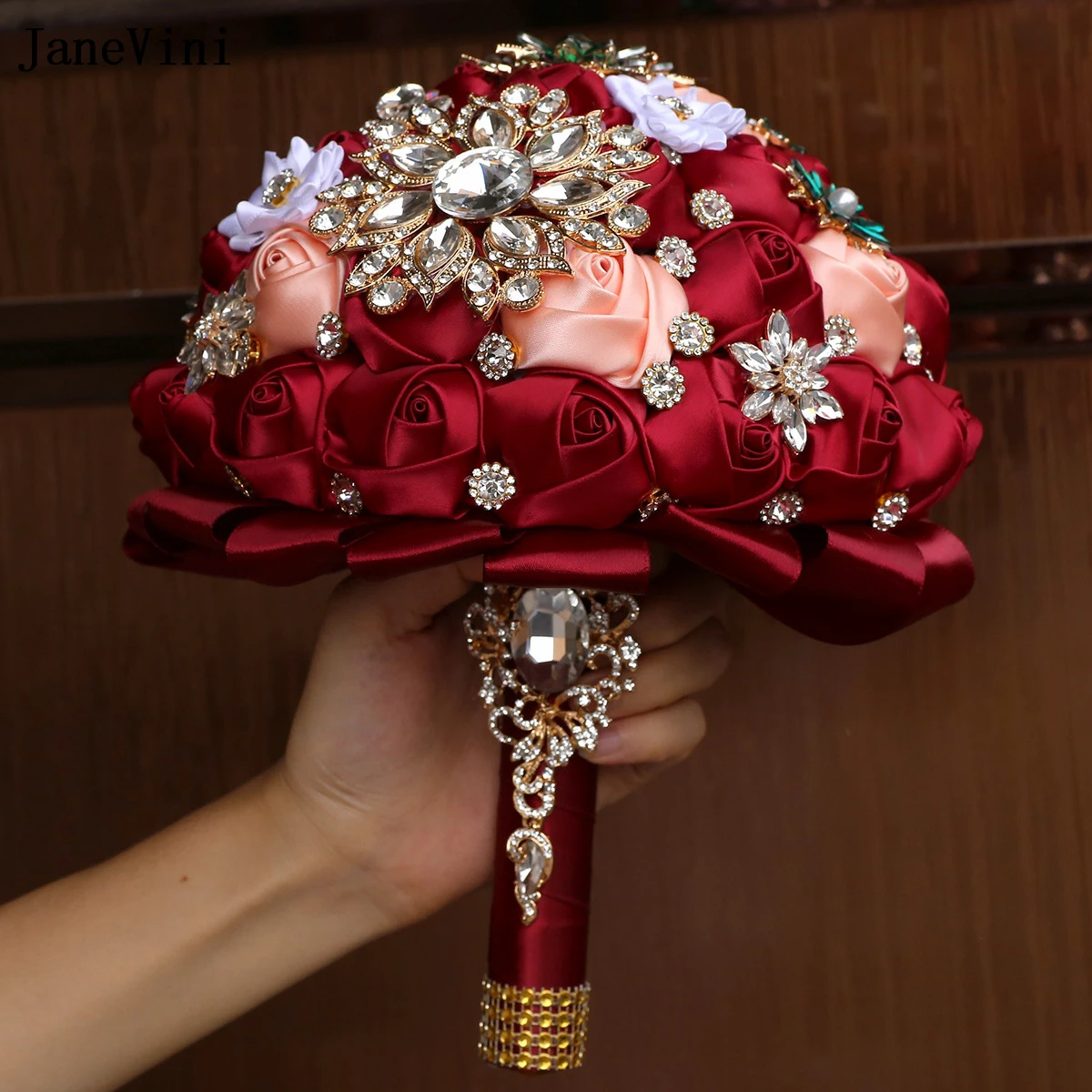 JaneVini-broche de novia de color rojo oscuro europeo, ramos de diamantes de imitación dorados ostentosos, rosas de satén artificiales, joyería, ramo de flores para boda