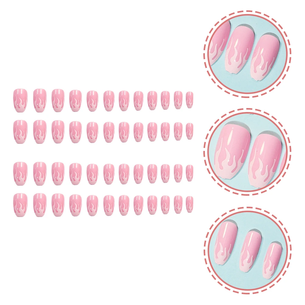 

48pcs Flame False Nails Bright Color Full Cover Tips Nail Art Patches Coffin Shape Pink Female Manicure Supplies