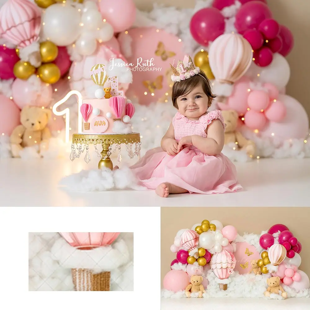 

Hot Air Balloons and Little Bear Birthday Backdrop Kids Baby Cake Smash Photography Props Child Adult Photo Shoot Backgrounds