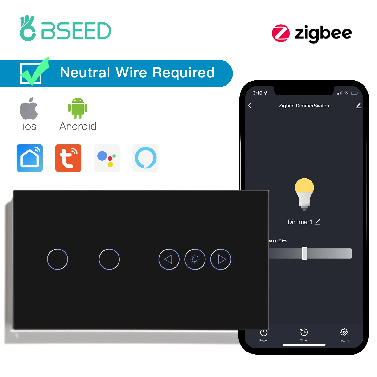 BSEED Zigbee dimmeren Tuya APP-bediening Smart LED dimbaar serie glas Google Alexa Smart Dimmer Touch-schakelaars Zwart
