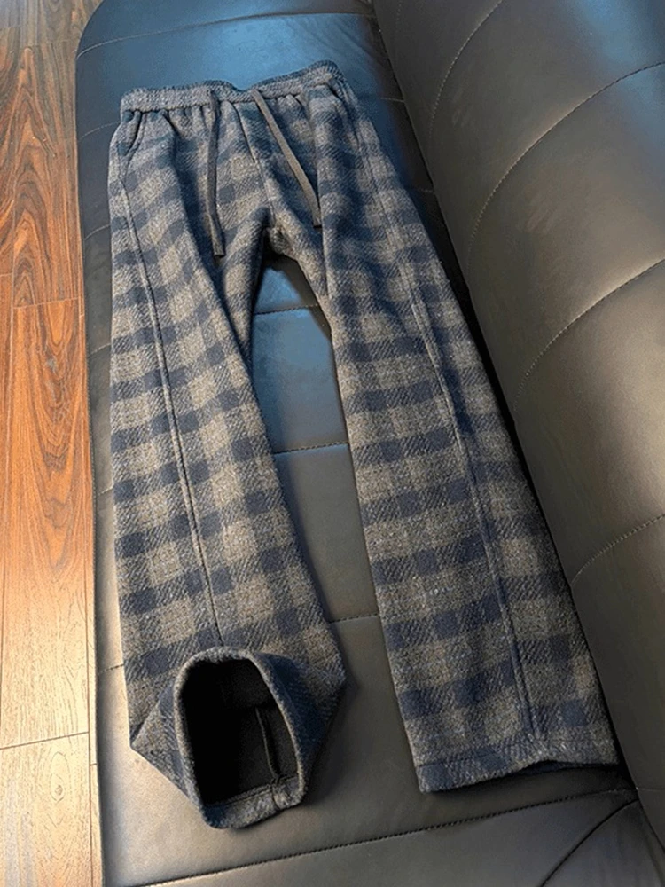 

Кобальтово-синие твидовые мужские осенне-зимние повседневные брюки с прямыми штанинами в американском стиле ретро Lazy Sle Drapey Sweat...