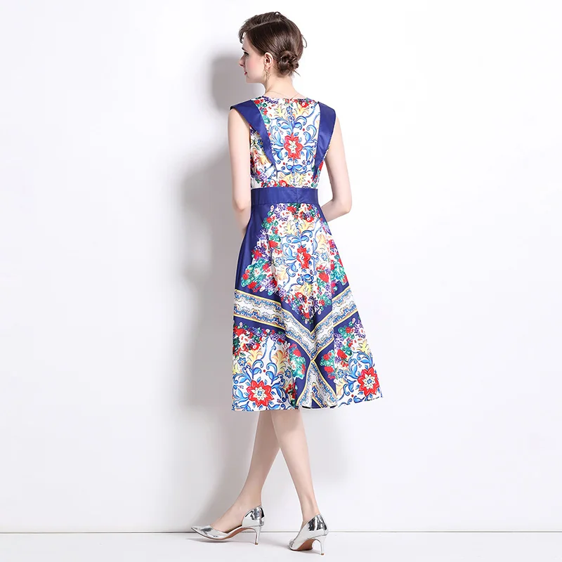 Briti Sle Large Size Svel Midi Dr Ele Lady Court  round Ne Women's Dr Casual Floral Print Polye...