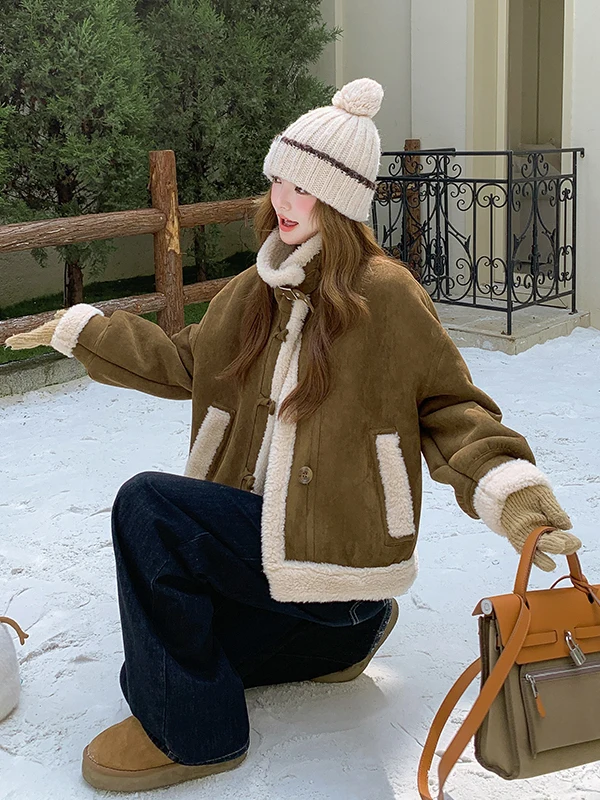 Women's Fce Lined Thiened Lamb Fur Jaet ort Sle Autumn Winter New Arrival Warm Top Faion Versatile Loose Fit Lon...