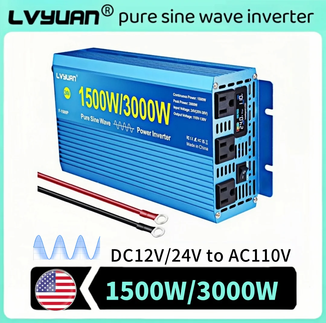 DC12V/24V Inverter Pure Sine Wave AC110V-130V US Socket Smart LCD Power Inversor For Car/Truck Outdoor Charge Adapter