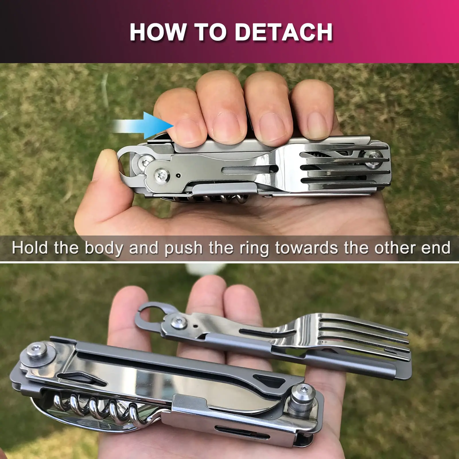 YANBIGUO 6-in-1 Detachable Camping Utensils Flatware Set-Multi-Function Travel Pocket Cutlery Folding Spoon,Knife,Bottle Opener