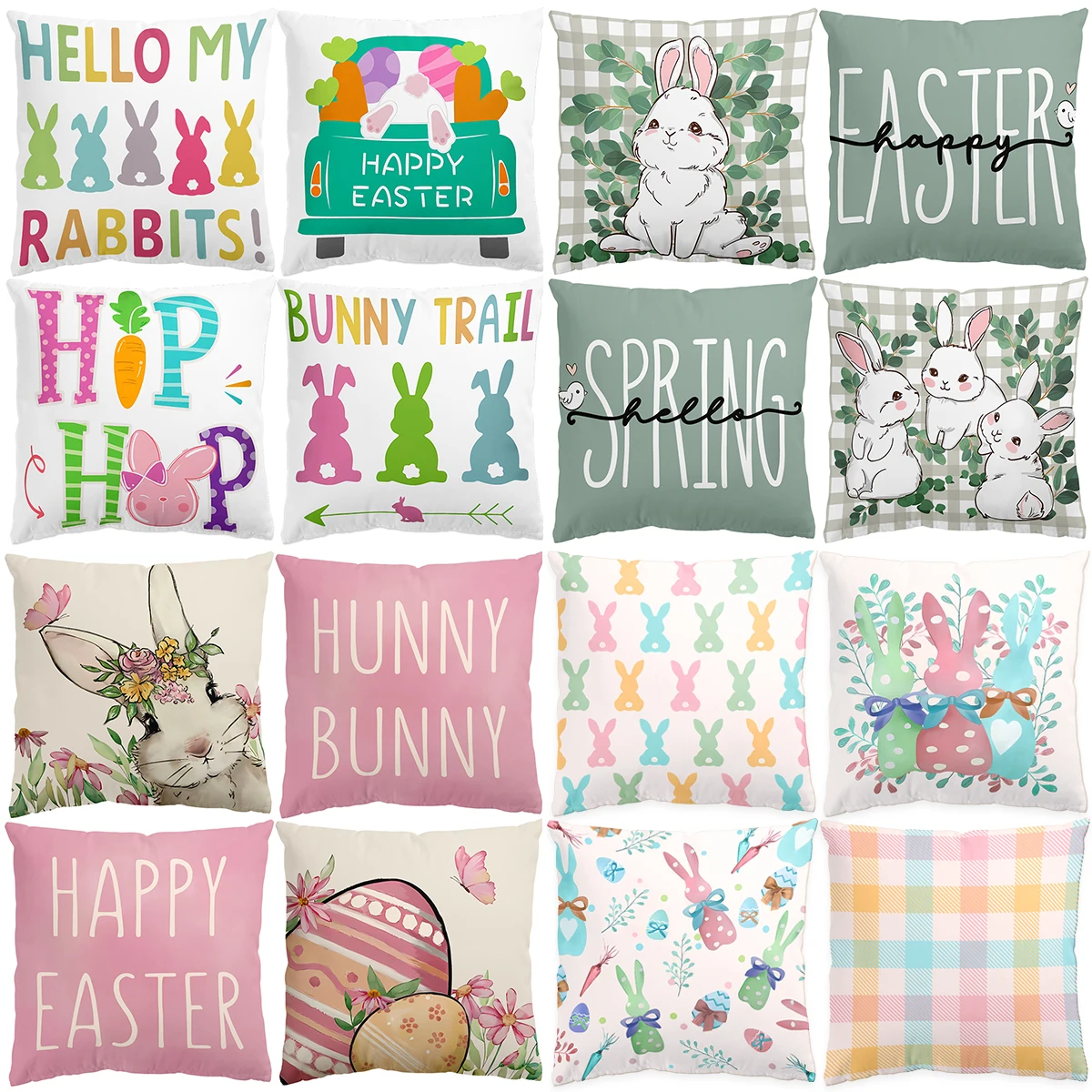 4pcs Happy Easter Cushion Cover Cute Bunny Eggs Pillow Cover Easter Rabbit Pillowcase Home Decorative 2025 Throw Pillow Case