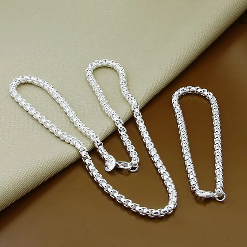 

Wholesale 45-60cm 925 Sterling Silver 4mm Round Box Chain Necklace Bracelet set For Women Men Boy Wedding Engagement Charm