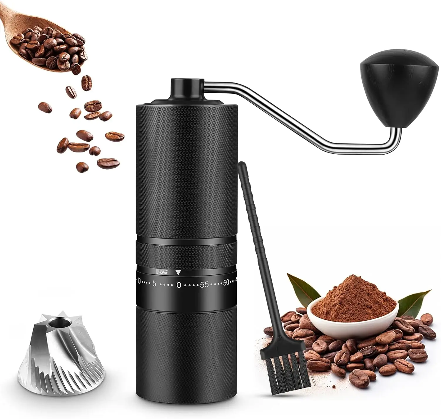 

Portable Manual Coffee Grinder with 60 Grind Settings, Stainless Steel Burr for Espresso, French Press & Travel
