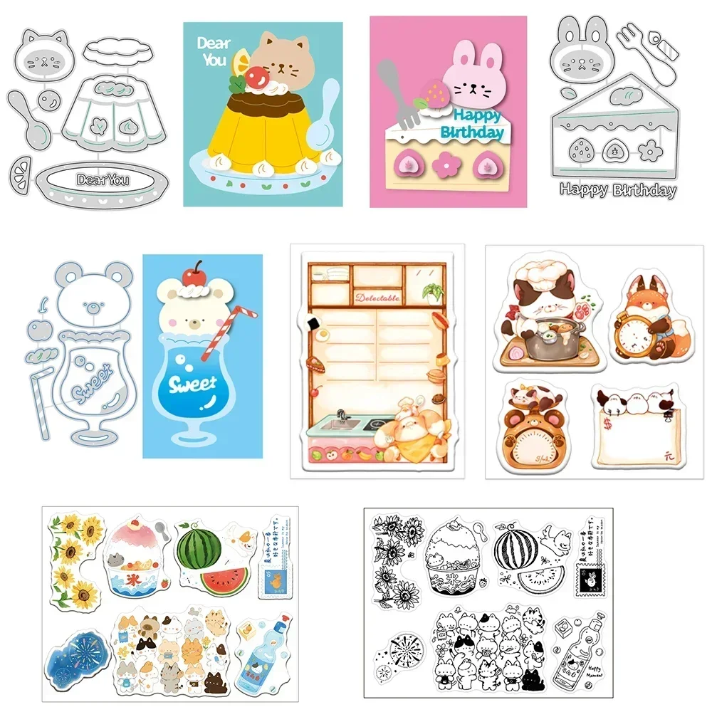 Diario de cocina con tema de verano, sellos transparentes y troqueles de corte, pudín, gato, animales dulces, juego troquelado para álbum de recortes, fabricación de tarjetas artesanales