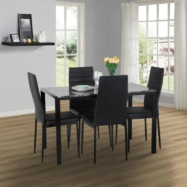 

Dining Table and Chairs Set,Modern Rectangular Marble Table top with 4 Chairs PU Leather for Dining Room