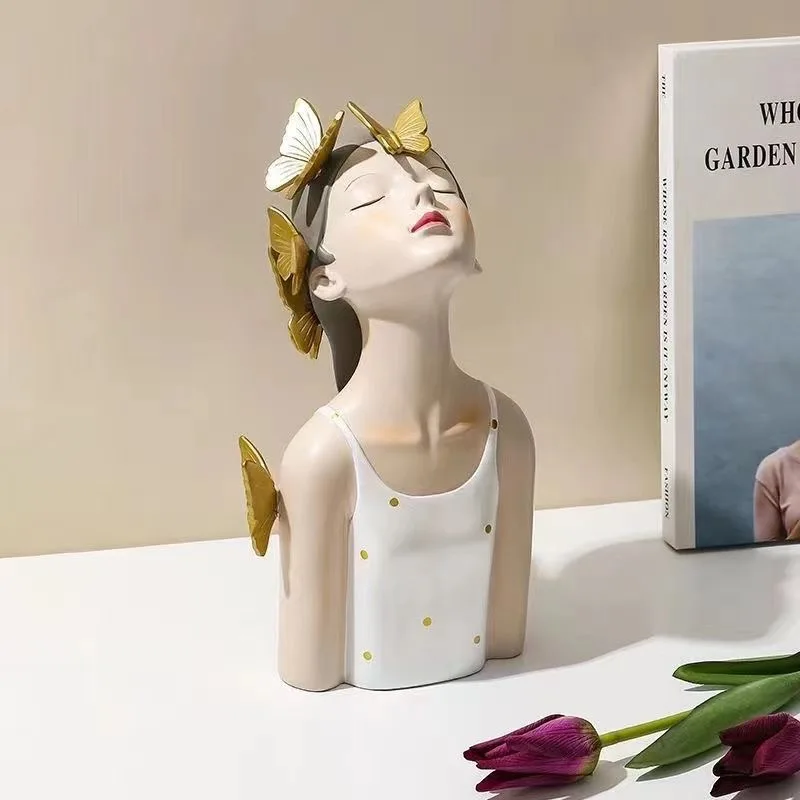Modern Face Upward Portrait Butterfly Girls Resin Ornaments Home Living Room Sculpture Decoration Store Office Figurines Crafts