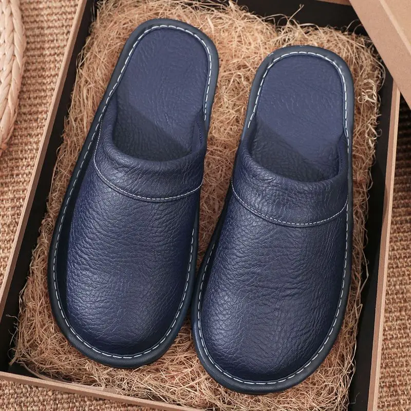 Zapatillas de cuero para el hogar para hombres y mujeres, zapatos de piso impermeables antideslizantes, antiolor, suela suave, toboganes para