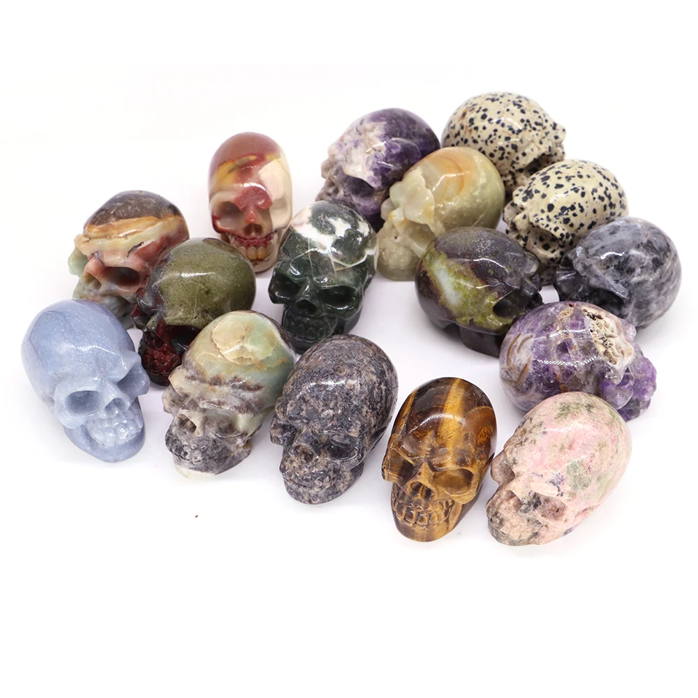 천연석 새겨진 치유 크리스탈 장식, 레이키 요술 용품, 보석 위카 차크라 홈 데코, 2 인치 해골 동상