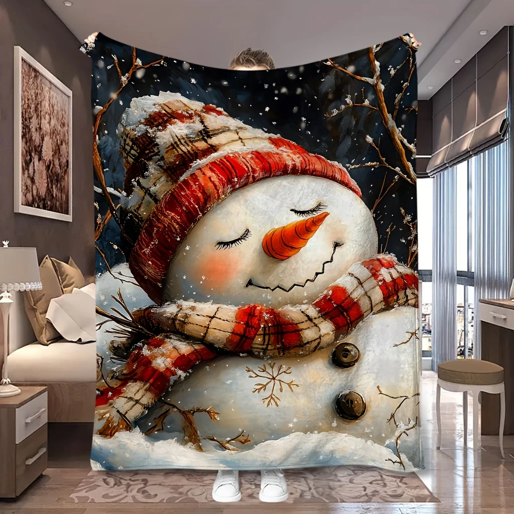 1pc Plaid Scarf Snowman Lantern Winter Xmas Print Flannel Blanket, Soft and Skin-friendly, Suitable for Blankets, Kid Bed Covers
