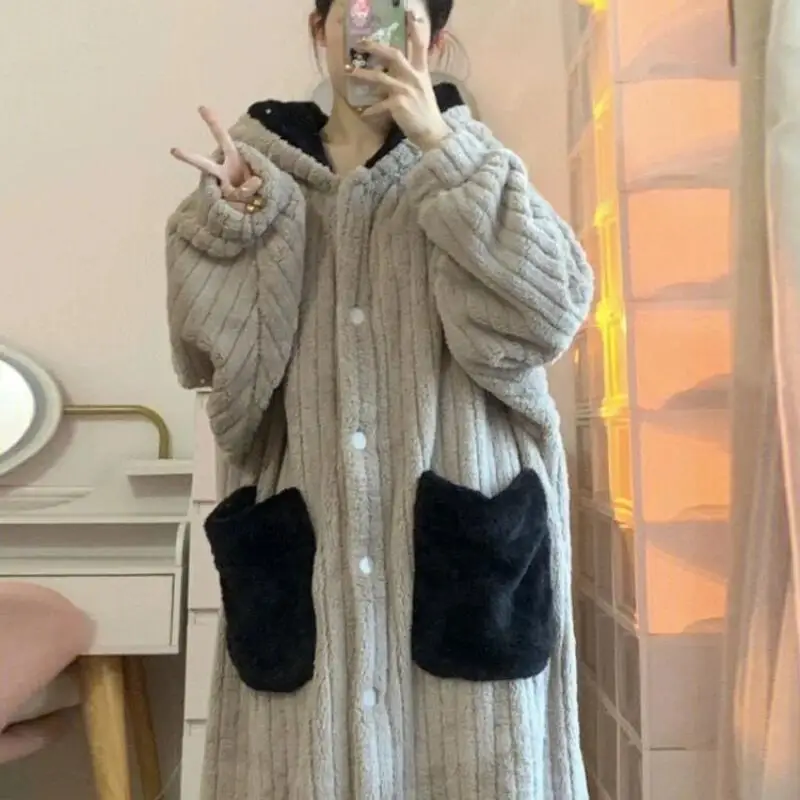 Women's Clothing Coral Fleece Robe Winter Sweet Thicken New Model Long Style Nightdress Pajamas Wearable As Outerwear Homewear