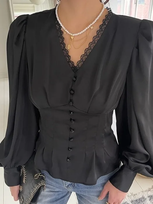 우아한 봄 시크 여성 셔츠 V넥 퍼프 소매 허리 조임 플리츠 슬리밍 버튼 디테일 플로럴 레이스 트림