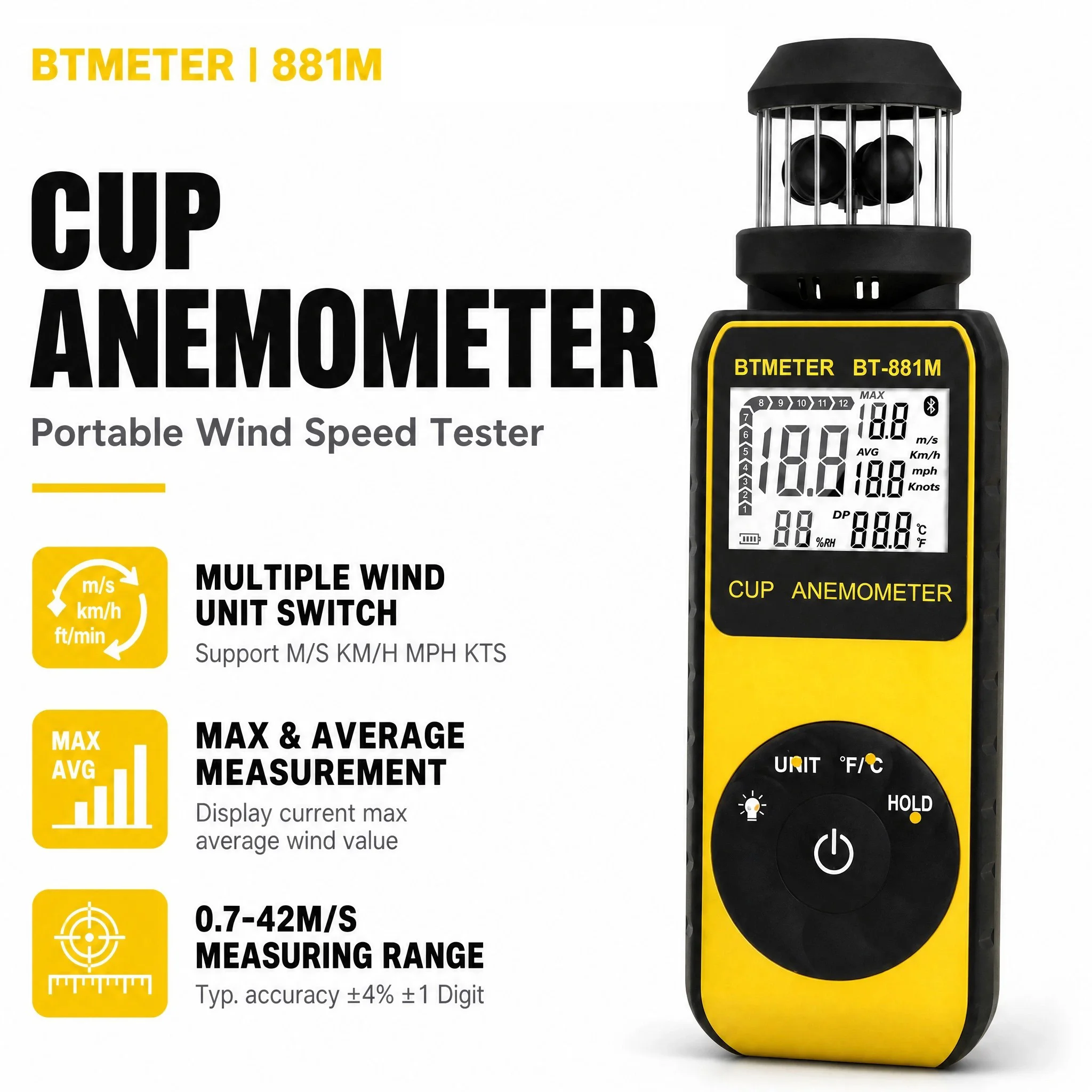 BTMETER Cup Anemometer 0.7-42m/s -10~45℃ 4 Units Beaufort ±4% Acc MAX/AVG Auto Off Tripod Mount CE ROHS Outdoor Wind Tester