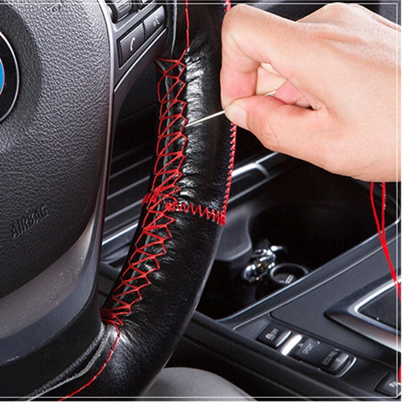 DIY Braid on the Steering Wheel Soft Genuine Leather Steering Wheel Cover 38cm Universal Steering Covers With Needle and Thread