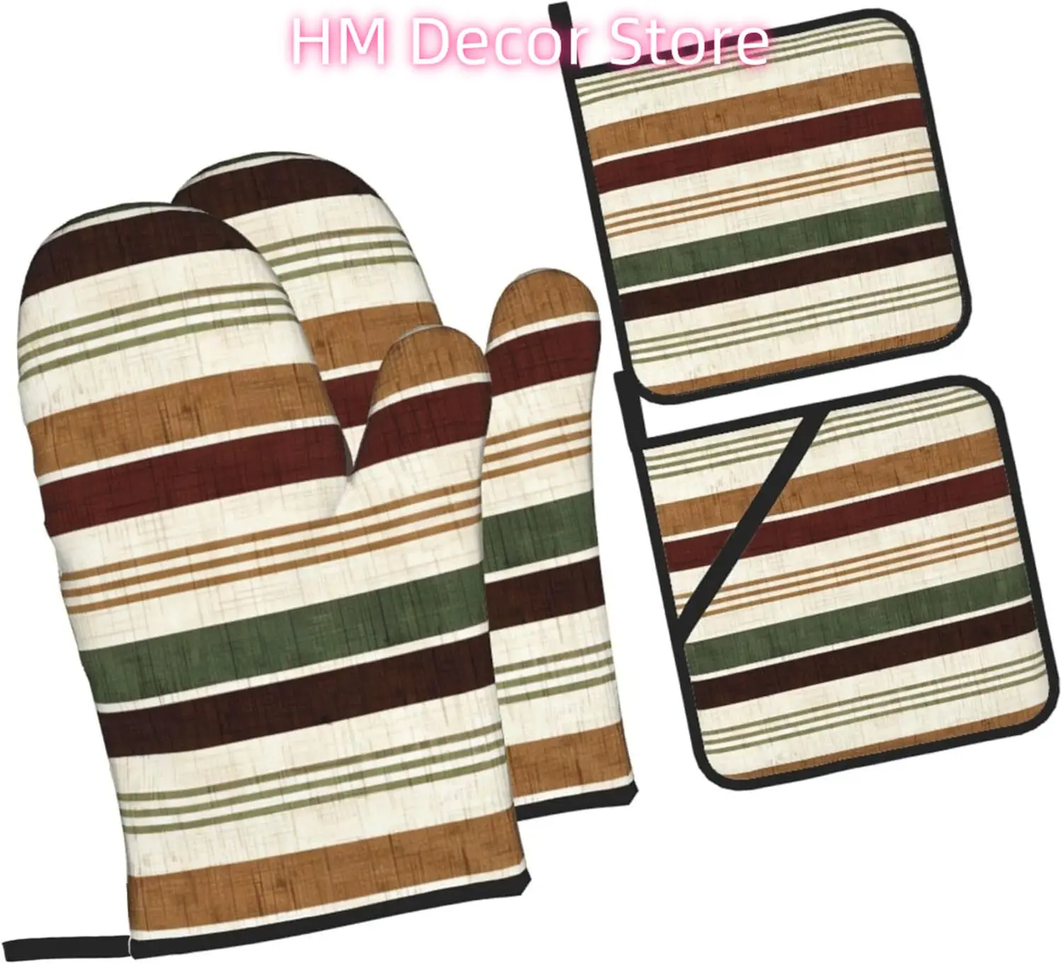 

Fall Brown Stripes Oven Mitts and Pot Holders Sets of 4, Cute Heat Resistant Oven Mitts - Non-Slip Cooking Gloves for Kitchen Ba