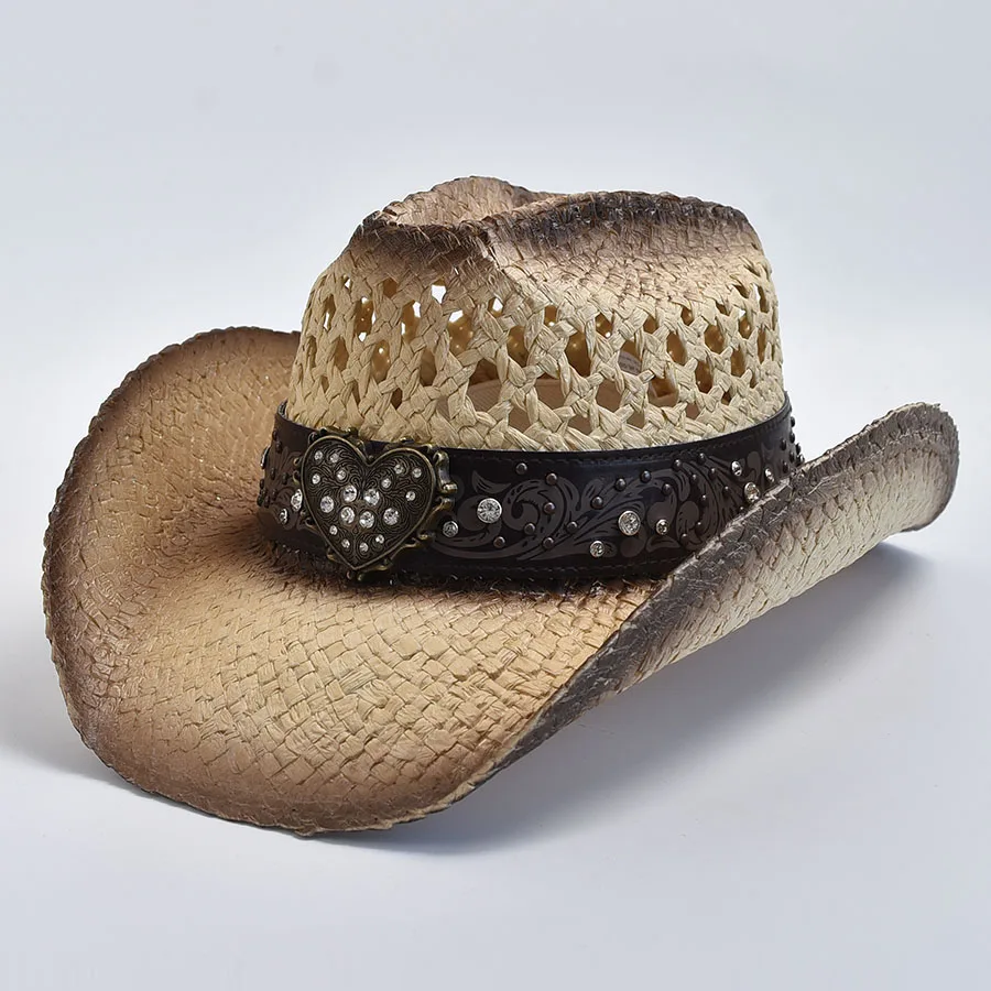 

Natural Straw Western Cowboy Hat for Women Men Summer Hollow Out Beach Sun Hats Curled Wide Brim Straw Hat