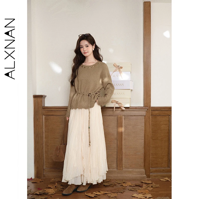 

ALXNAN Casual Pullover Fall Round Neck Sequin Adjustable Waistband Loose-fit Sweaters Special Fashion Woman's Knitwear L58550