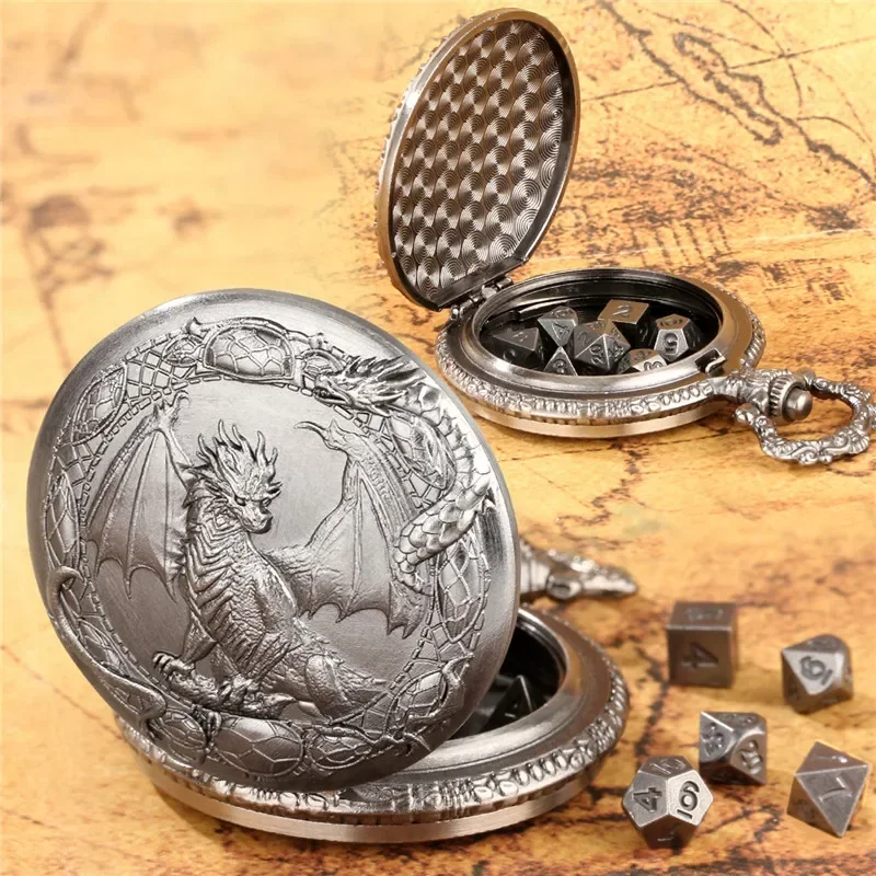 

7pcs Mini Metal Polyhedral Dice Set for Table Board Role Play Gaming Antique Dragon Wings Pocket Watch Case Fob Chain