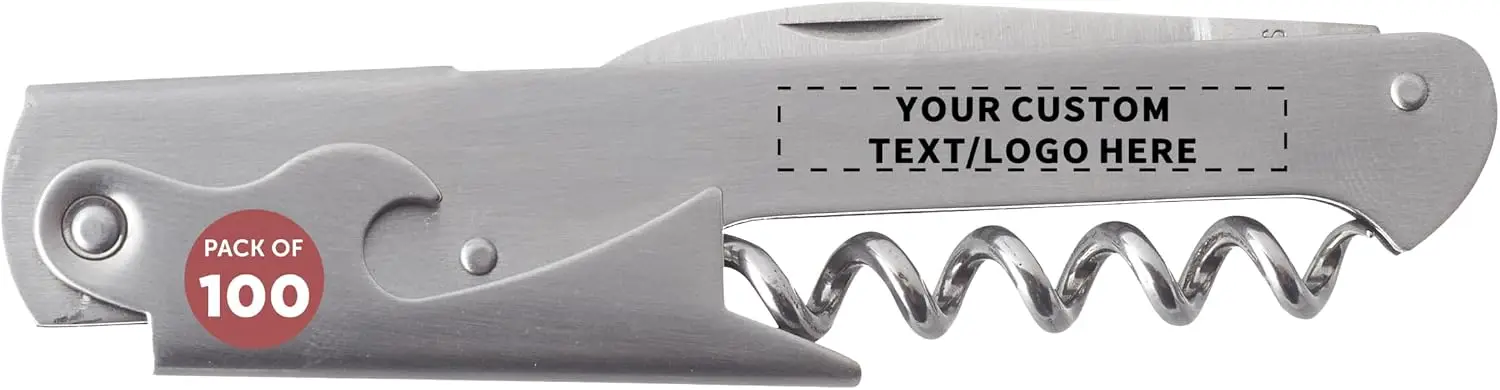 100 Valencia Stainless Steel Wine Bottle Openers Set - Customizable Text, Logo - Corkscrew, Serrated knife, Perfect for Bars - S