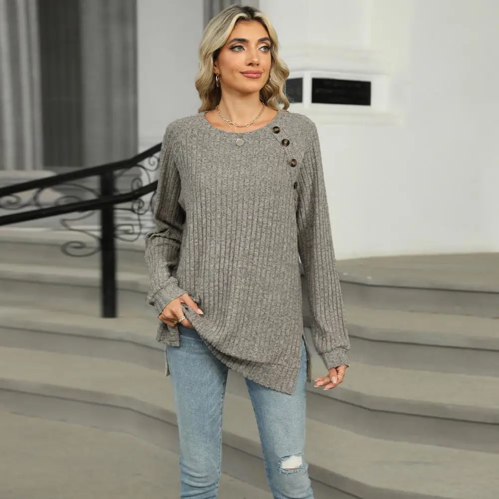 

Round Neck Long Sleeve Top Stylish Women's Casual T-shirt with Long Sleeves Button Decor Side Slit Detail Round Neck Ribbed