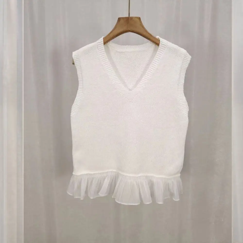 

Casual Sleeveless Summer Knitted Vest Sweet V-neck Crochet Crop Tops Patchwork Korean Style Mesh Ruffle Camisole Ladys