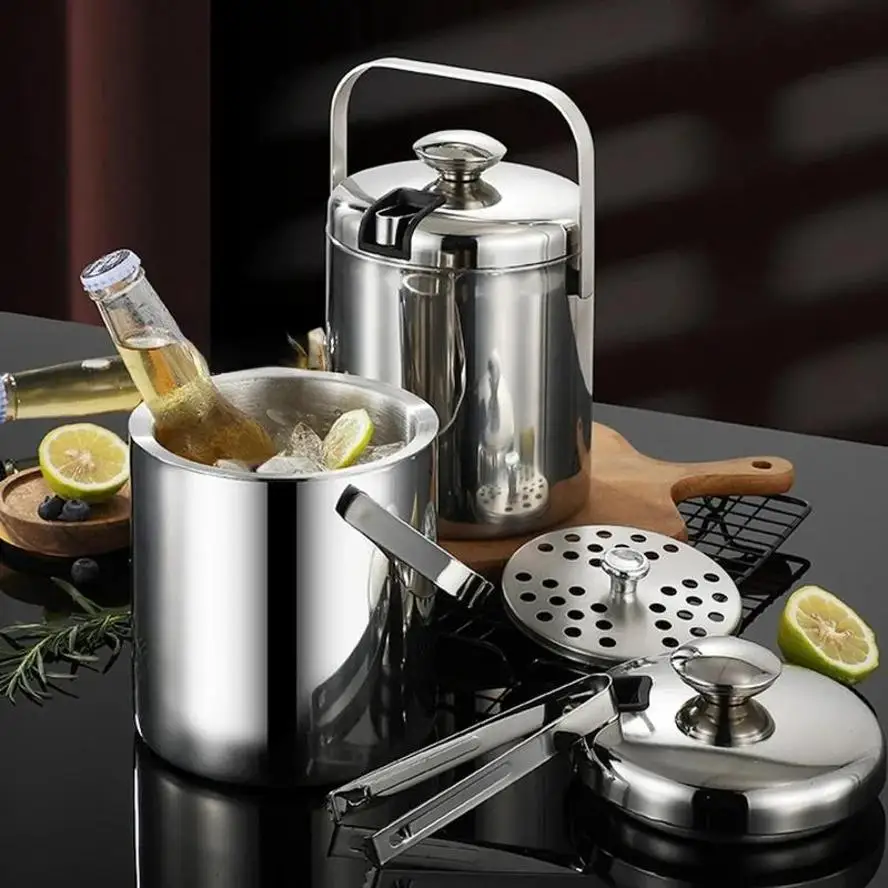 Enduring Effect Heat Preservation Ice Bucket Stainless Steel Ices Bucket With Tong Lid Bar Chilling Beer Cooler Champagne Bucket