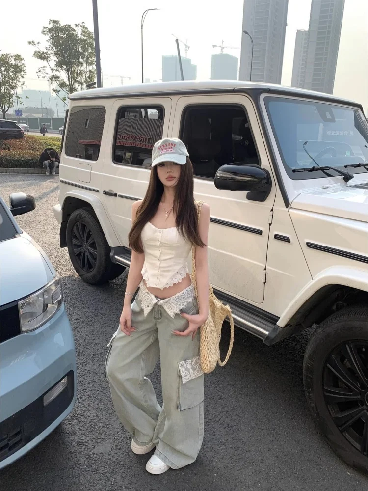 بنطلون جينز نسائي واسع الساق بتصميم فضفاض مع تطريز دانتيل، موضة خريف 2025 الجديدة #2