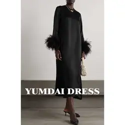 YUMDAI Gorgeous Middle East Long Sleeve Evening Gown Black Straight Formal Dress Long Women Feather Decorated Elegant Ball Gress