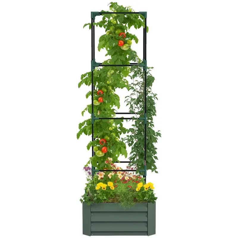 Jardinière avec treillis réglable, bac à fleurs avec cage à tomates en acier galvanisé 61 x 61 x 187 cm vert