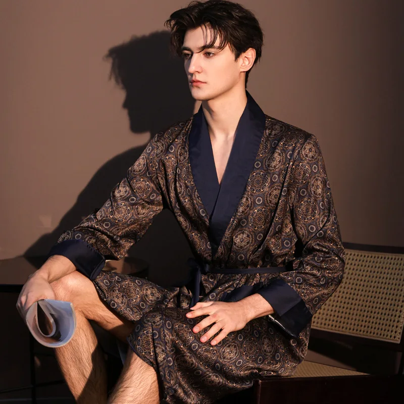 Men Bath Robe Satin Print Kimono Bathrobe Ice Silk Dressing Gown Plus Size Sleepwear Lounge Nightgown view 5