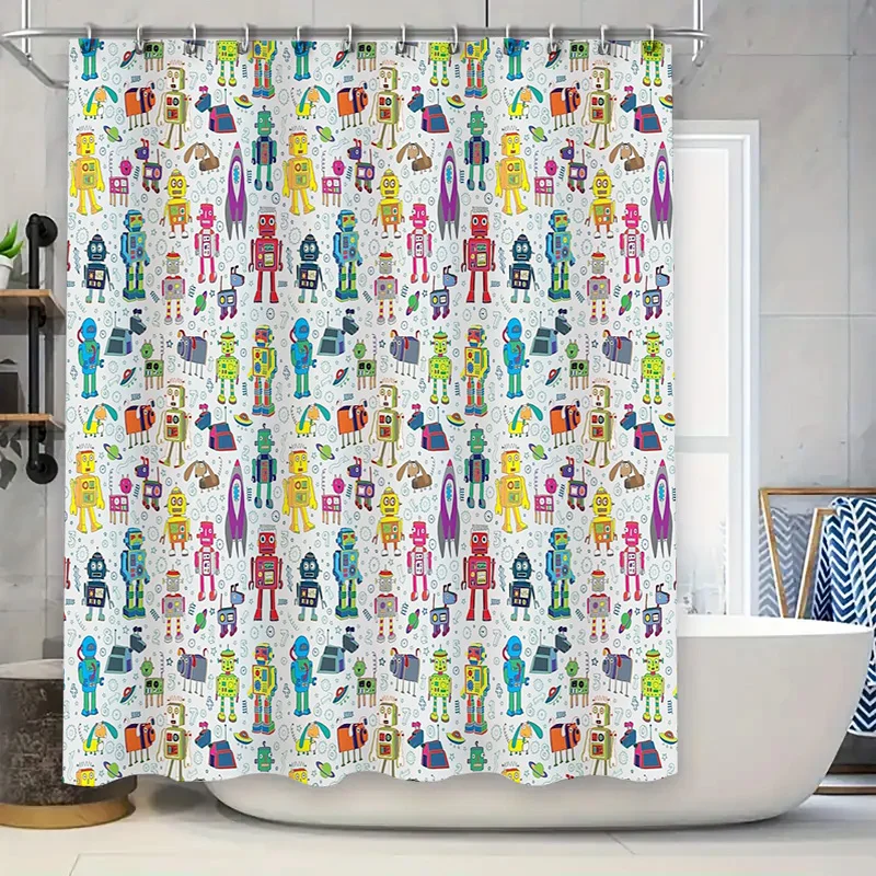 Cute Robot Shower Curtain Funny Space Kids Bathroom Decor Set Waterproof Fabric Modern Pattern Washable Home Textile