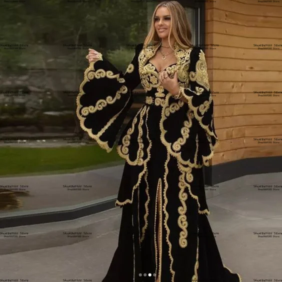 Traditionellen Kosovo Albanischen Prom Formale Kleider 2023 Schwarz Gold Spitze Muslimischen Arabischen Langarm Jacke Kaftan Abendkleid