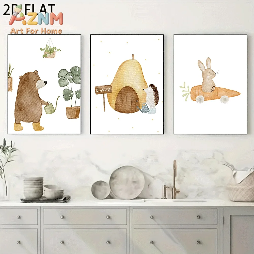 AZNM Watercolor Woodland Animal Canvas Wall Art, Cute Bear Hedgehog Rabbit Pear House Tropical Leaf Boho Neutral Style Sweet Nur