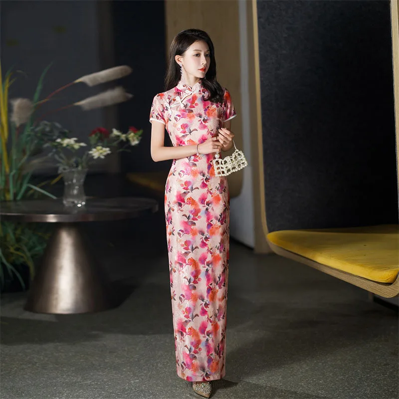 4 Colors Improved Long Cheongsam Qipao Fashion Lace Women Floral Dress Slim Wedding Party Costume Vintage Summer Dresses