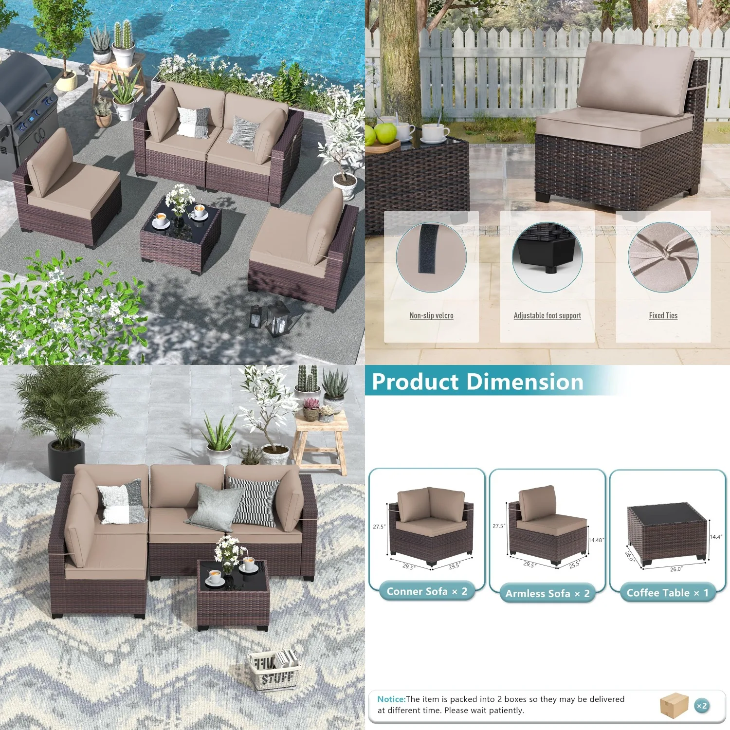 

5-Piece Wicker Patio Conversation Set Outdoor Sectional Sofa w/ Table & Washable Cushions, Customized