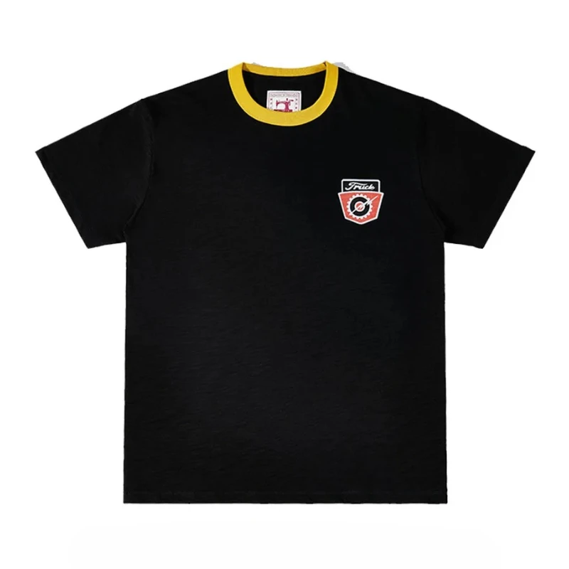 Pure Blood American Retro T-Shirt with Car Print, Men's Short-Sleeved Shirt, Heavyweight Washed Color Blocking Round Neck T-Shir